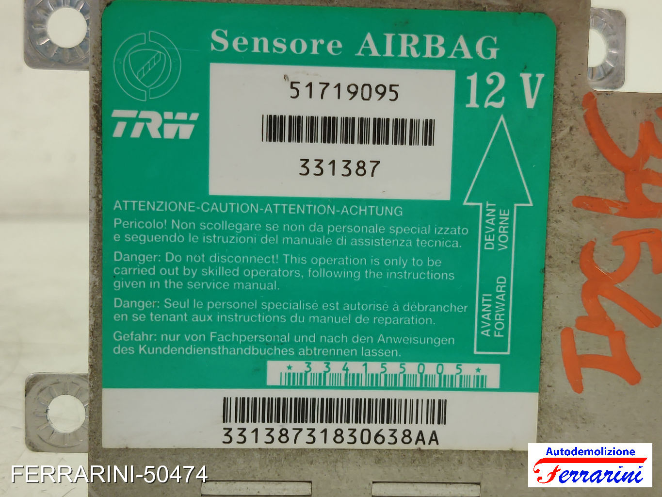 Centralina Airbag FIAT SEICENTO 600 187 1998-2010 51719095, 331387 7