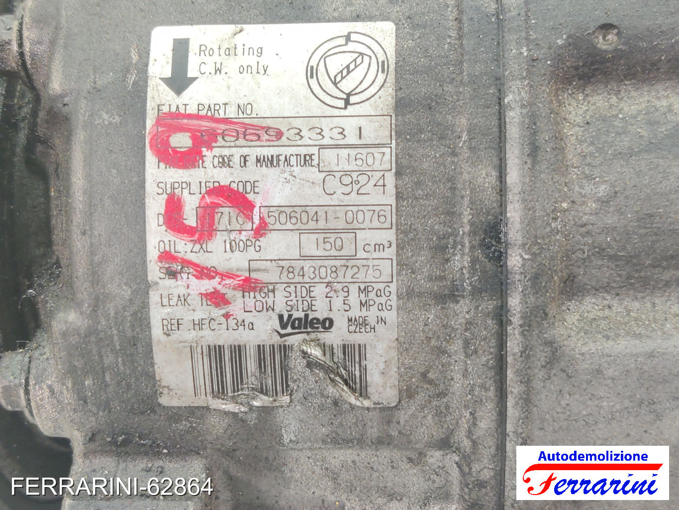 Compressore Clima ALFA ROMEO 159 SW 939 2.0 JTDM 2009-2011 60693331, 7843087275