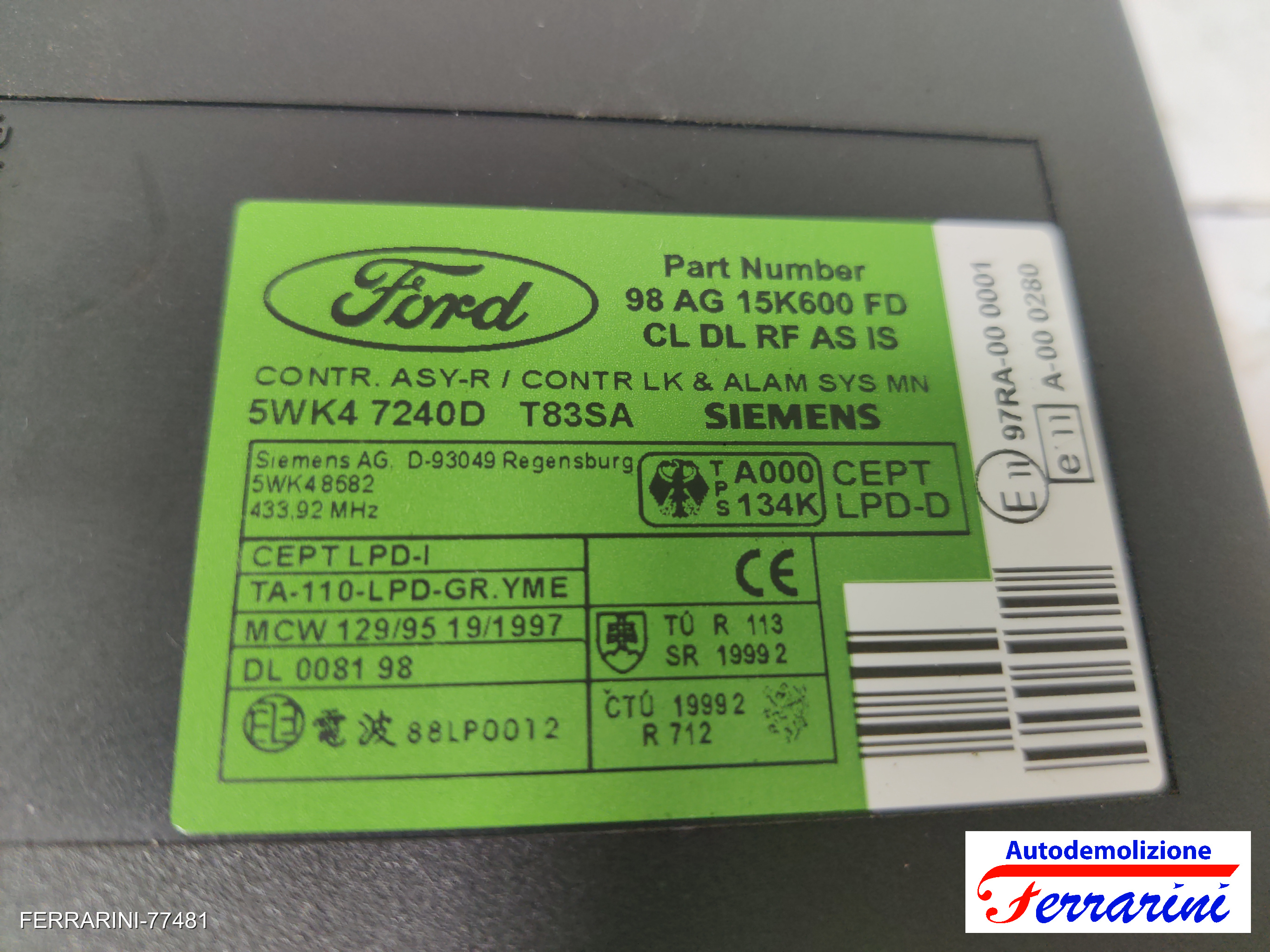 Centralina Chiusura Centralizzata FORD FOCUS SW DNW 1999-2004 98AG15K600FD